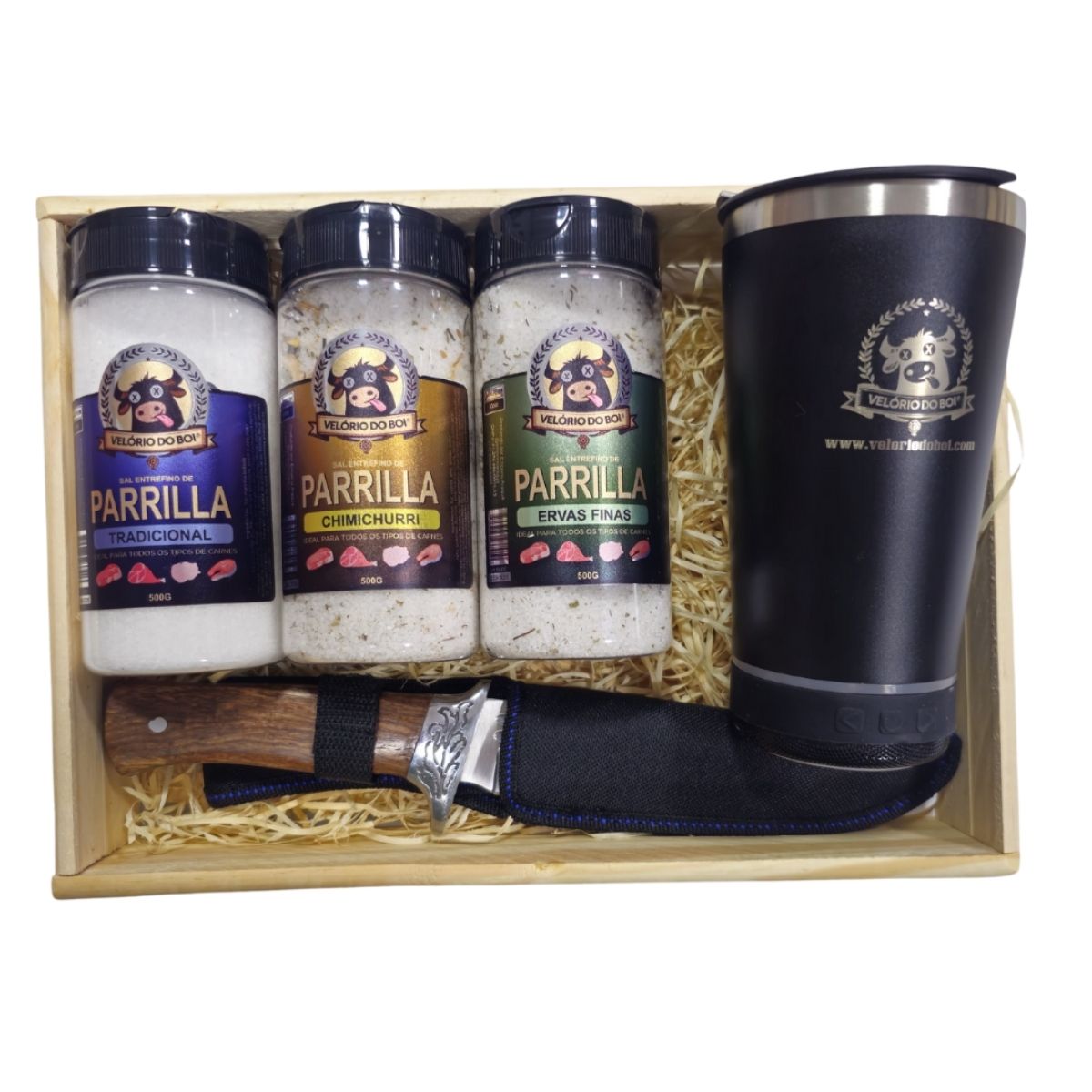Kit para Presente Faca + 3 Sais Parrila Gold + Copo Térmico Preto | Velório do Boi