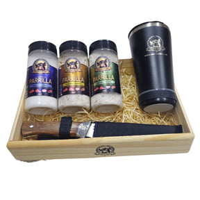Kit para Presente Faca + 3 Sais Parrila Gold + Copo Térmico Preto | Velório do Boi
